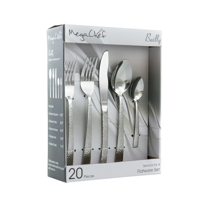 MegaChef Baily 20 Piece Flatware Utensil Set, Stainless Steel Silverware Metal Service for 4 in Sil D970-MCFW-BAILY-SILVER