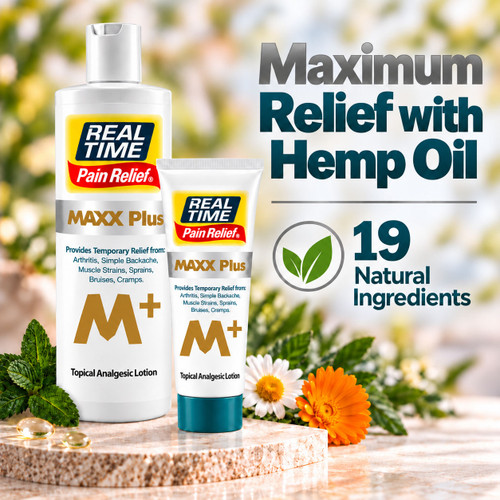 Real Time Pain Relief MAXX Plus is our most popular formula, now enhanced with Hemp Oil for even greater relief. It effectively targets Arthritis Pain, Muscle Strains, Cramps, Sprains, Bruises, and more. Apply generously to shoulder pain, back pain, joint pain, neck pain, sciatica pain, knee pain, elbow pain, hand pain, or foot pain for fast-acting and long-lasting relief.
