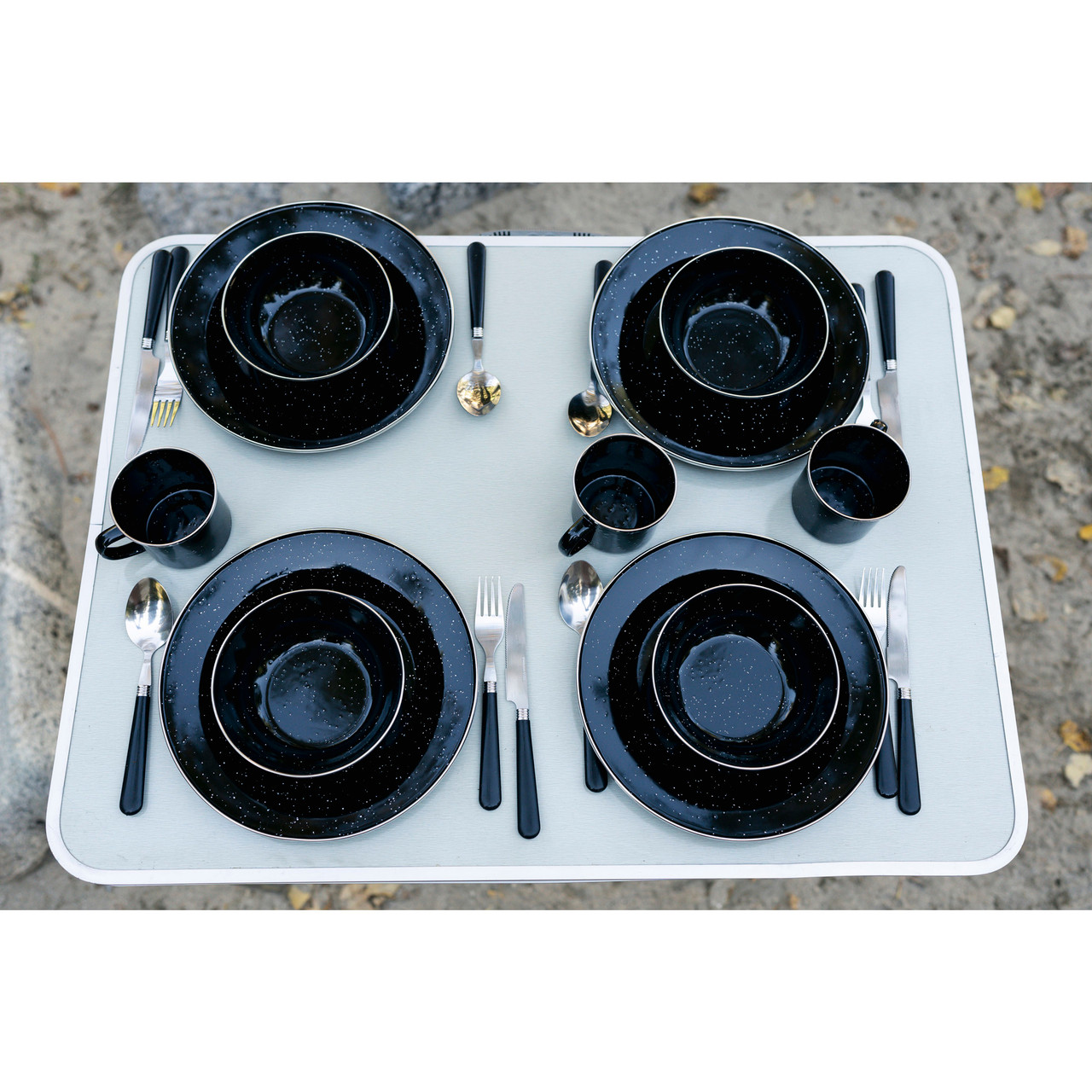 Deluxe 24-Piece Enamel Tableware Set - Black - Stansport