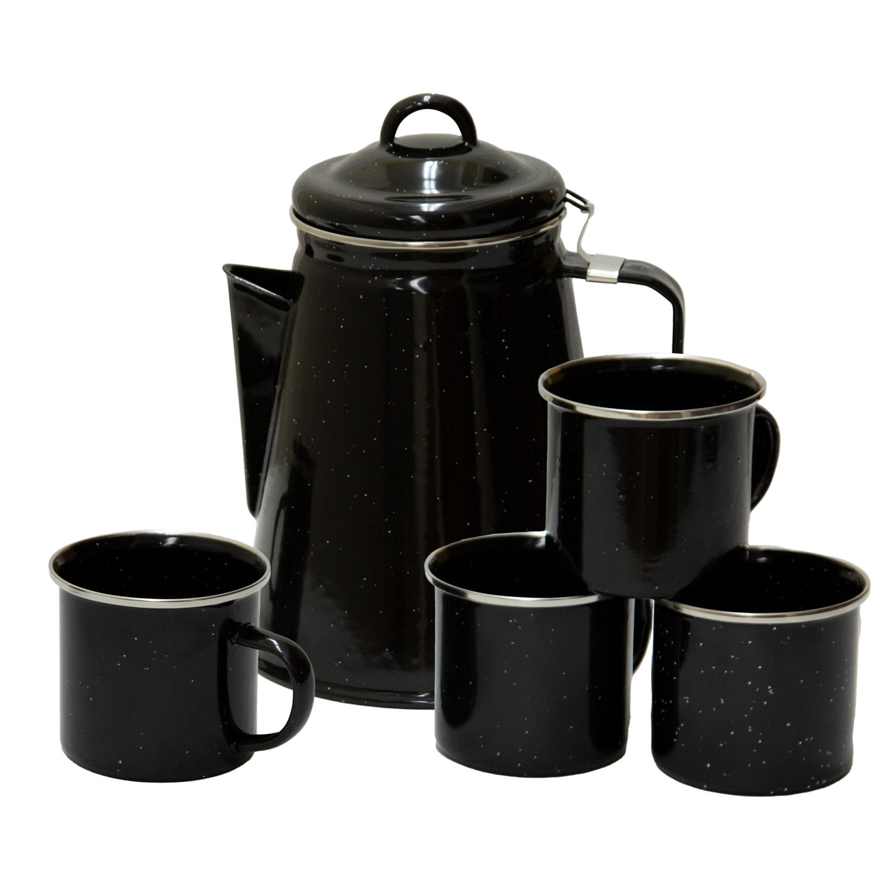 Enamel Percolator Coffee Pot & 4 Mug Set - Black - Stansport