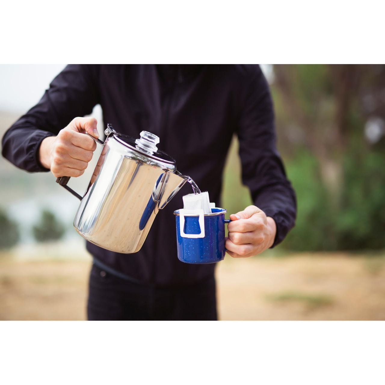 Stansport Enamel Percolator Coffee Pot & 4 Mug Set, White