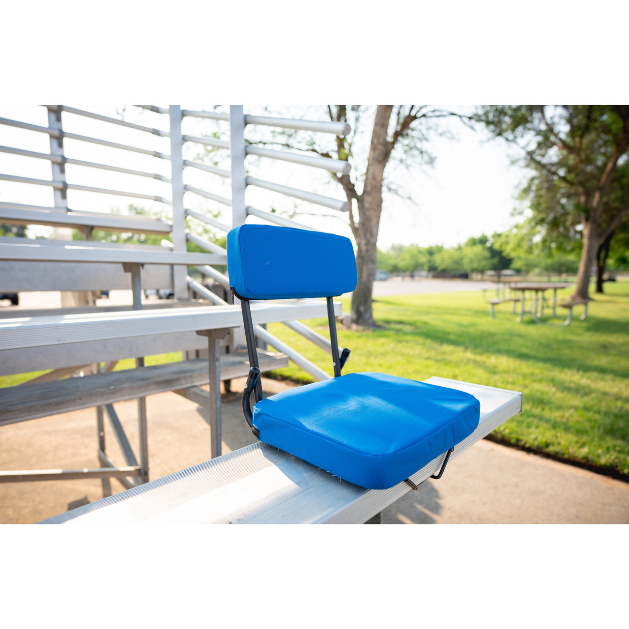 Tubular Frame Folding Stadium Seat with Arms - Blue/Tan - Stansport