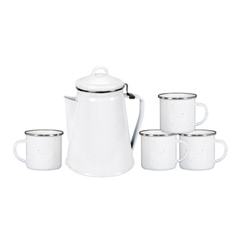 Enamel Percolator Coffee Pot & 4 Mug Set - White