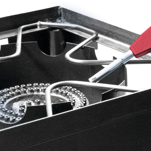 2 burner propane stove with cast iron burners and stand, measuring 30.75 in L x 15.34 in W x 28.5 in H