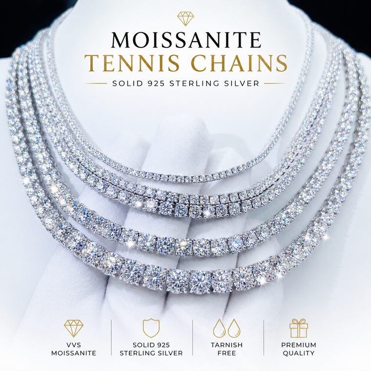 Moissanite tennis necklace displayed on bust, D color VVS stones, 18K gold finish