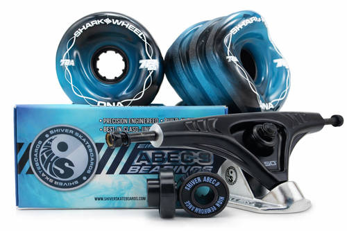 72MM Bundles. Black/Blue Swirl.  DNA Wheels with Abec 9 Bearings & Pro Series Trucks