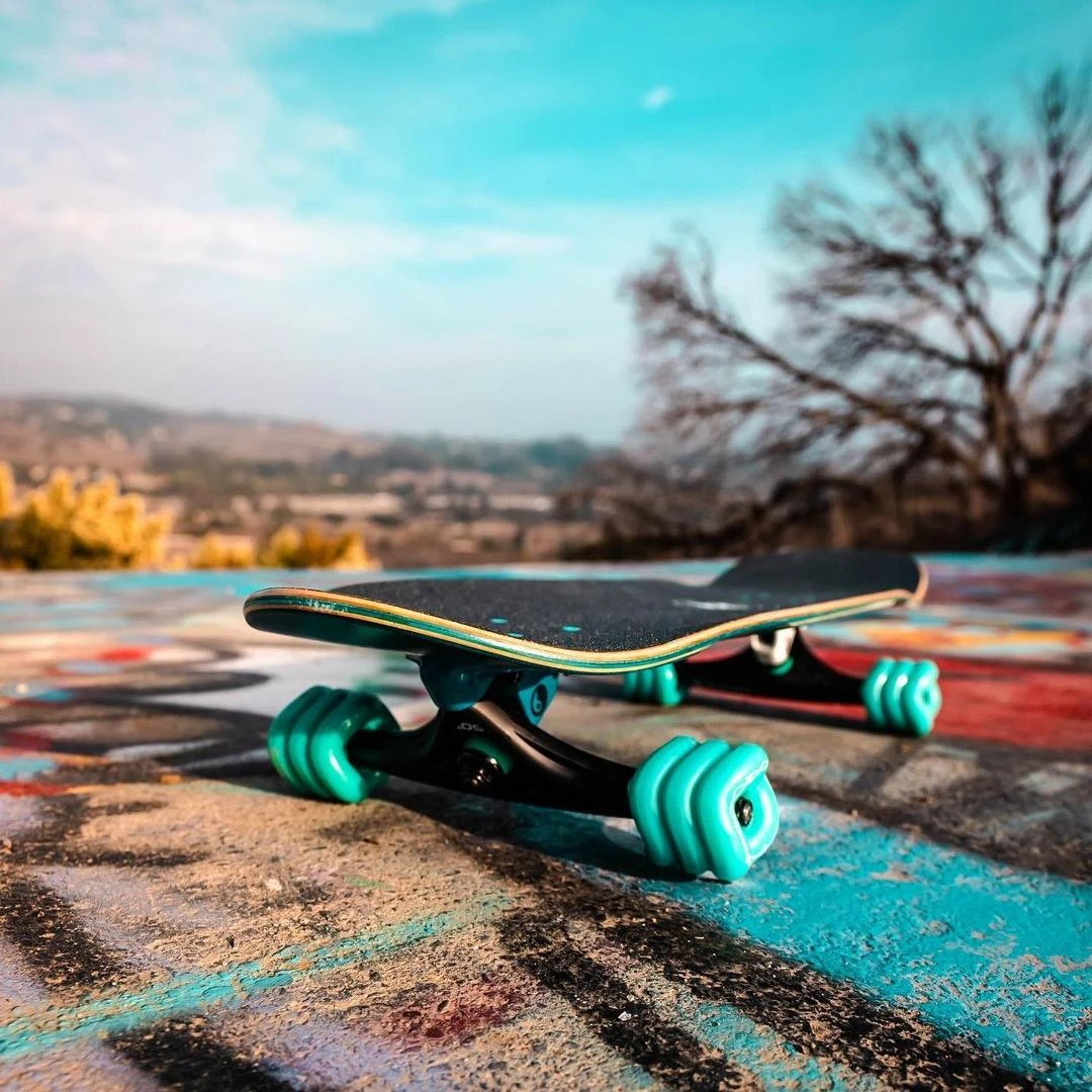 Cruiser skateboard equipped with turquoise Shark Wheel California Roll wheels