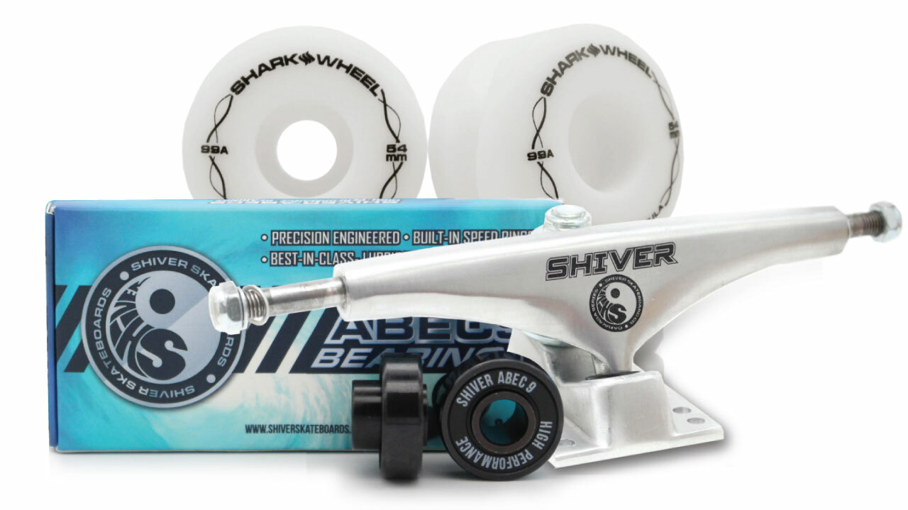 54mm Bundle - White Twisted Wheels, Abec 9 Bearings, 150mm Shiver Trucks 