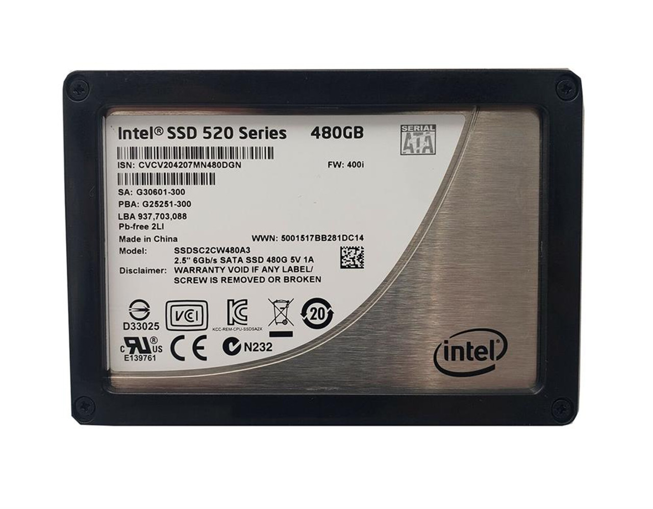 SSDSC2W480A3 Intel 520 Series 480GB MLC SATA 6Gbps (AES-128) 2.5-inch Internal Solid State Drive (SSD)