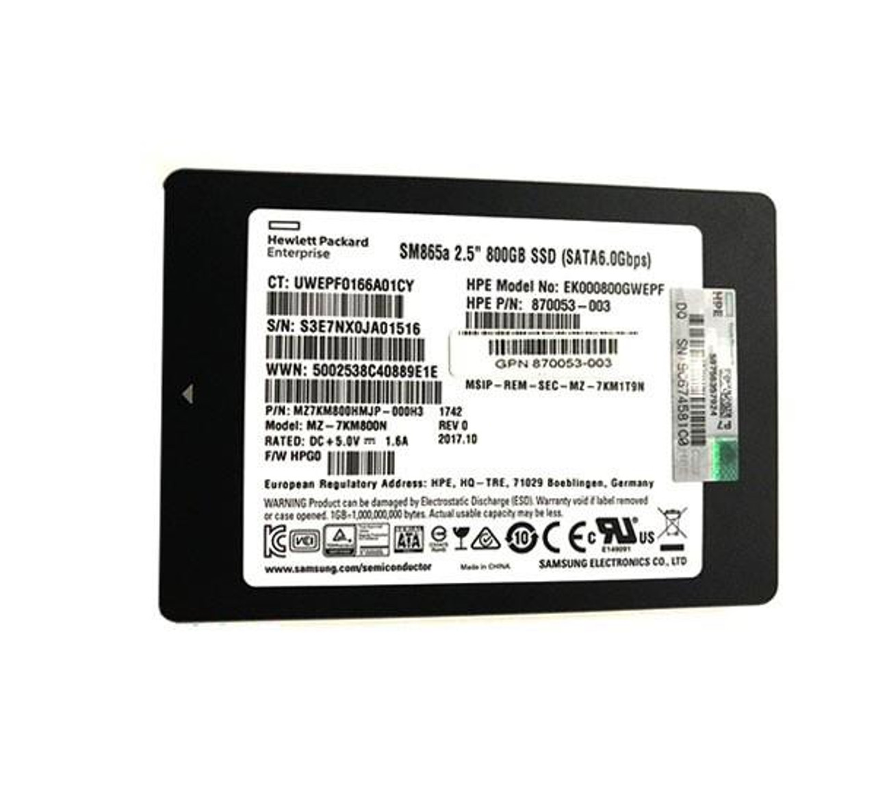 EK000800GWEPF HPE 800GB SATA 6Gbps Write Intensive 2.5-inch Internal Solid State Drive (SSD) with Smart Carrier