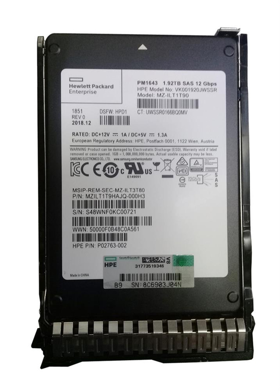 VK001920JWSSR HPE 1.92TB SAS 12Gbps Read Intensive 2.5-inch Internal Solid State Drive (SSD) with Smart Carrier