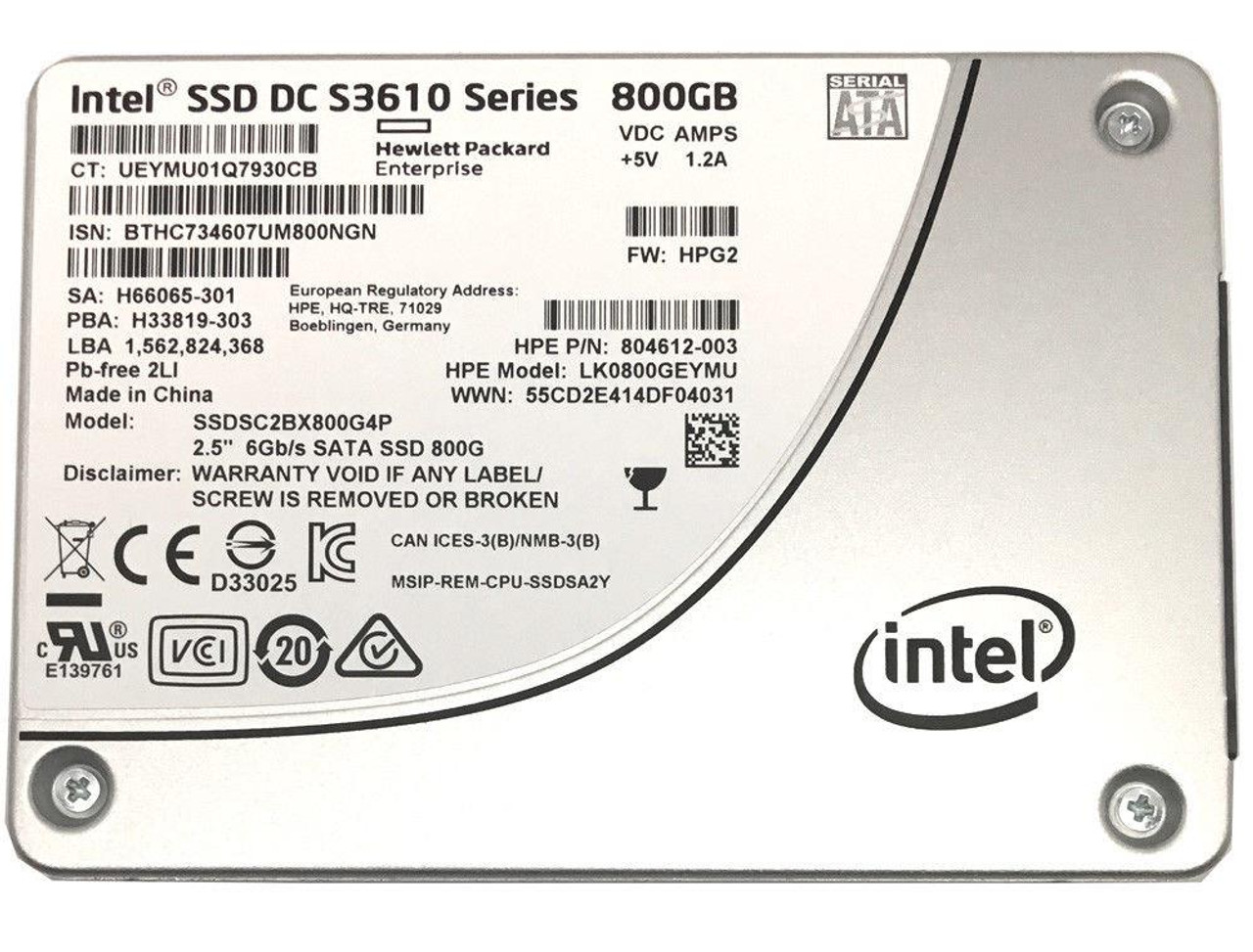 SSDSC2BX800G4P-HPE HP Intel DC S3610 Series 800GB MLC SATA High / PLP)
