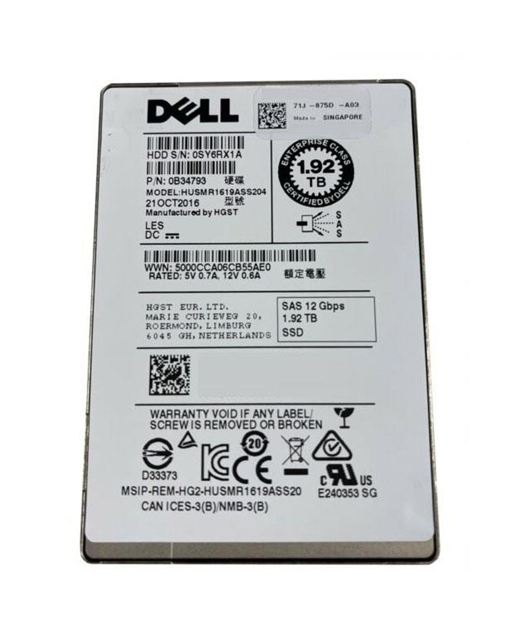 HUSMR1619ASS204-DEL Hitachi 1.92TB Sff 12Gbps Mlc Ri SAS Ssd