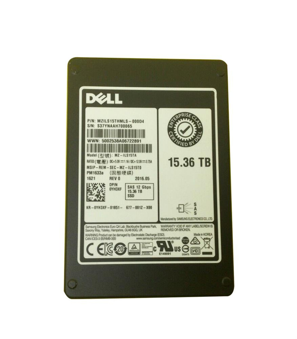 0YH3XF Dell 15.36TB SAS 12GB S 2.5In Tlc SSD Pm1633A