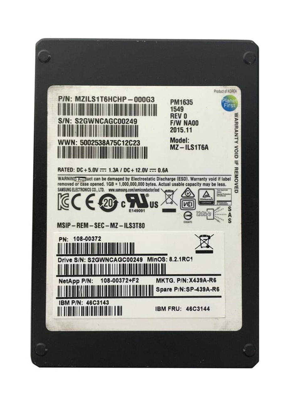 108-00372+F2 NetApp 1.6TB SAS 12GB S 2.5 SSD For Ds224X Fas2552 2240 2