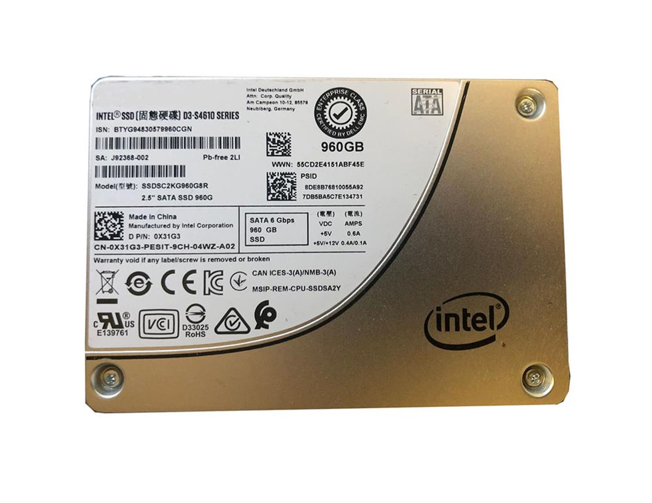 SSDSC2KG960G8R Intel D3 S4610 Series 960GB Mu SATA 6Gbps 2.5In Hot