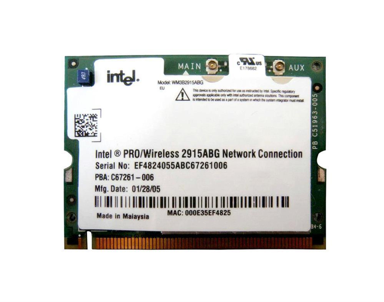 WM3B2915ABGEUX Intel PRO/Wireless 2915ABG Dual Band 2.4GHz / 5GHz 54Mbps IEEE 802.11a/b/g Mini PCI Type 3B Wireless Network Adapter