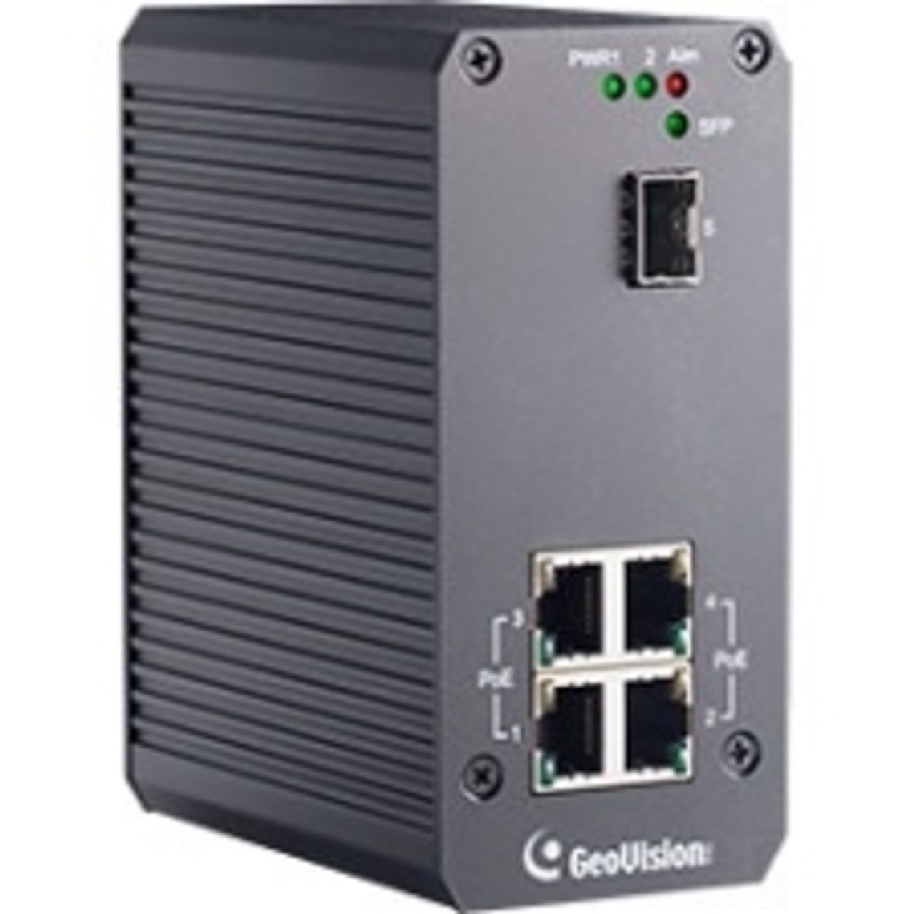 140-POE0410-E00 GeoVision GV-PoE0410-E 4-port Gigabit 802.3at PoE Switch 4 Network, 1 Expansion Slot Optical Fiber, Twisted Pair Modular 2 Layer Supported