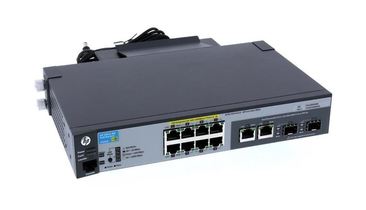 J9562A HP ProCurve 2915-8G-PoE Ethernet Switch 10-Ports 2 Slot 8 10/100/1000Base-T 2 10/100/1000Base-T 2 x SFP (mini-GBIC) (Refurbished)