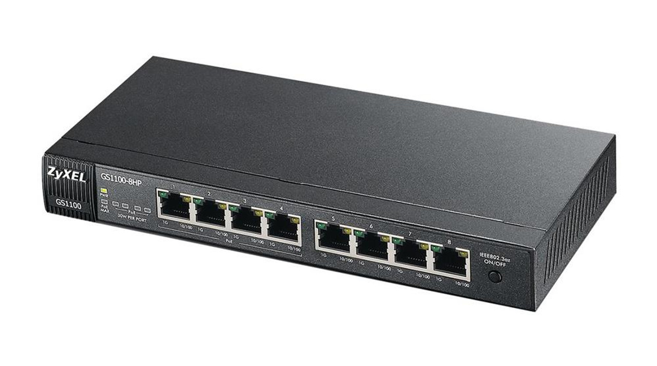 GS1100-8HP Zyxel 8-Ports GbE Unmanaged PoE Switch 8 Ports 4 x POE 4 x RJ-45 1000Base-T PoE Ports Desktop (Refurbished)