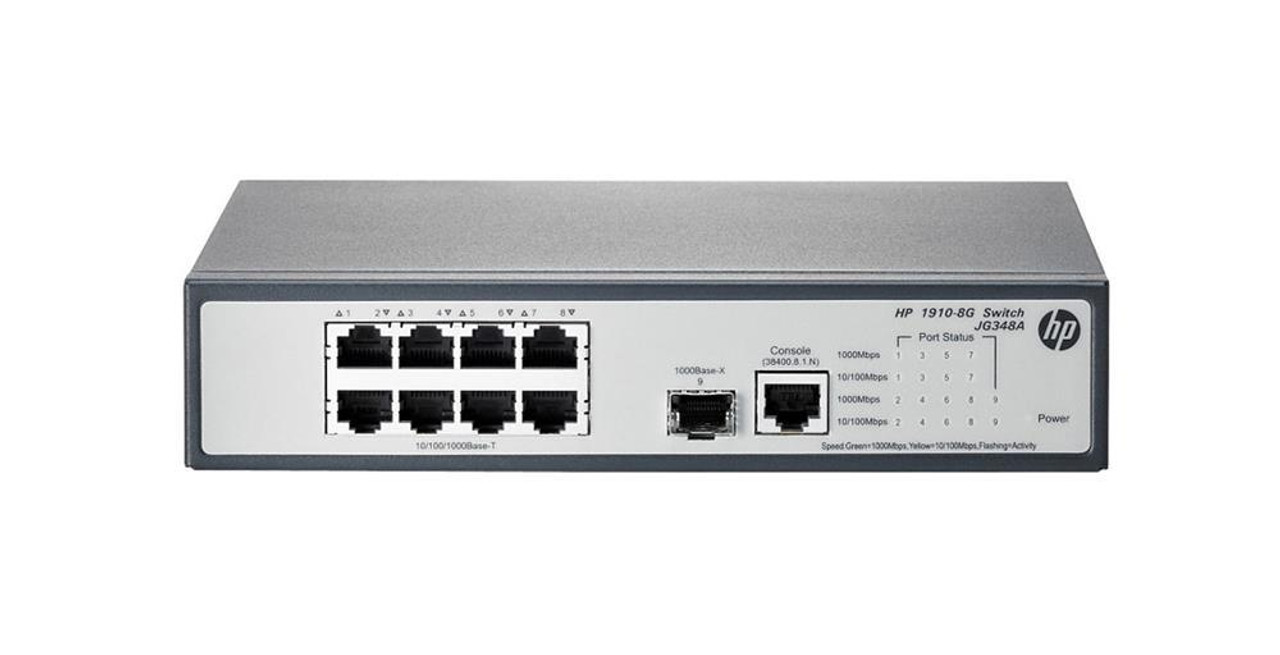 JG348AABA HP 1910-8g 8-Ports 10/100/1000Mbps RJ-45 Manageable Layer3 Rack-mountable Ethernet Switch with 1x Gigabit SFP Port (Refurbished)