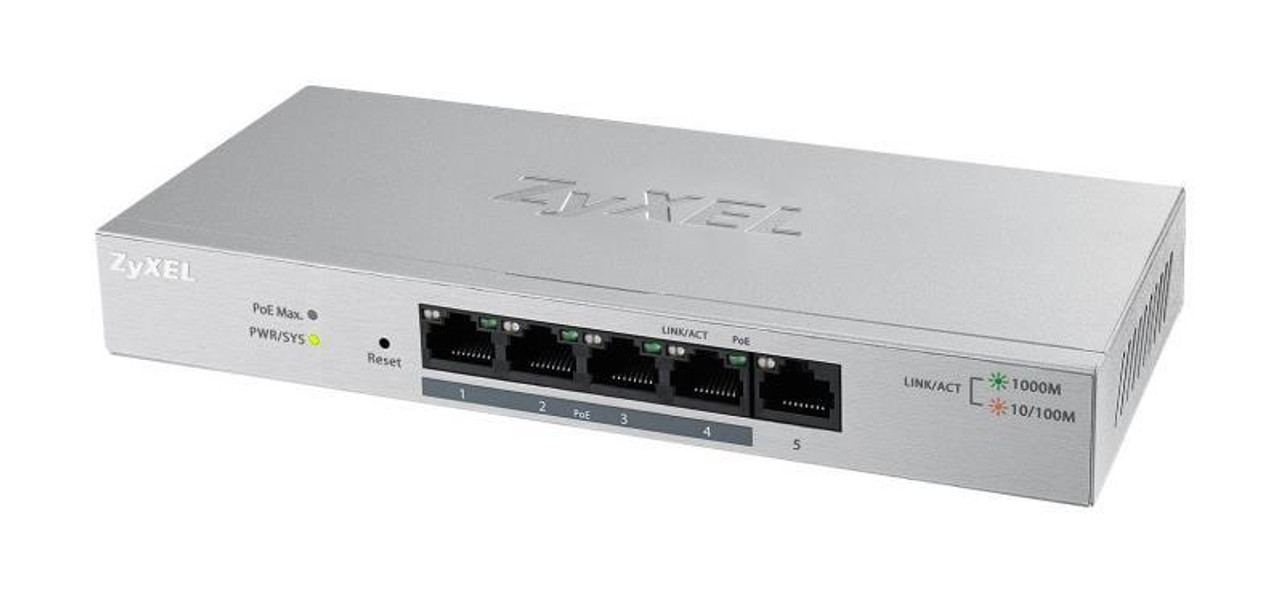 GS1200-5HP-GB0101F Zyxel 4-Ports 1000BASE-T RJ-45 PoE 1-Port 1000BASE-T RJ-45 Web Managed Gigabit Switch (Refurbished)
