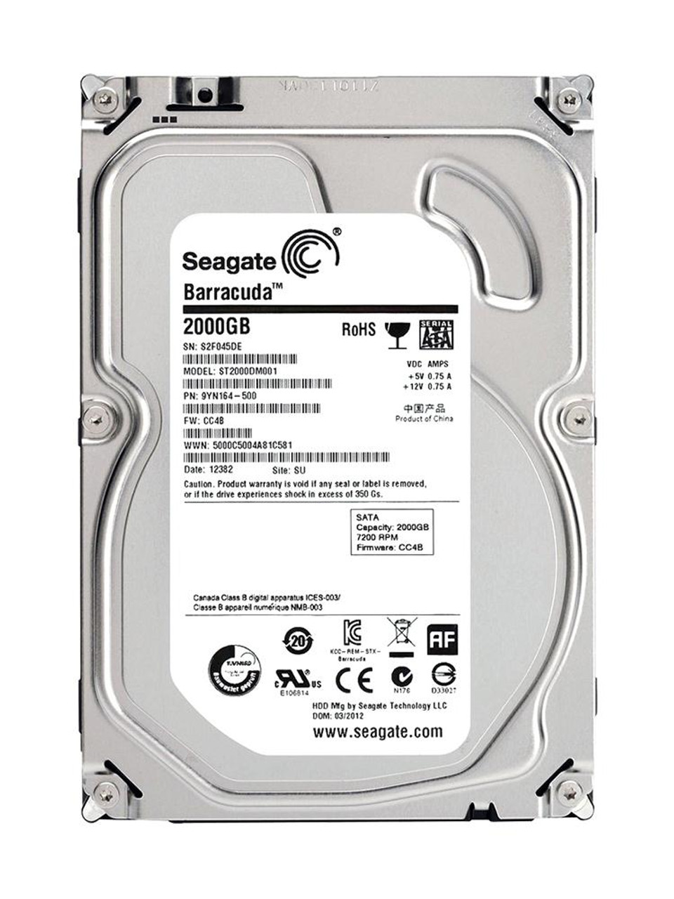 ST2000DM001-DEL Seagate Barracuda 2TB 7200RPM SATA 6Gbps 64MB Cache 3.5-inch Internal Hard Drive