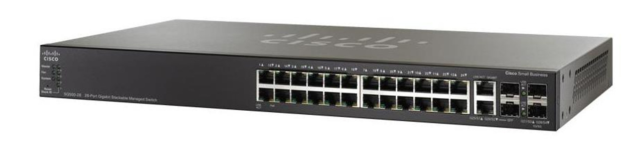 SG500-28P-K9 Cisco SG500-28P 28-Ports 10/100/1000 RJ-45 PoE Stackable Manageable Rack-mountable Switch with 2x SFP Ports (Refurbished)