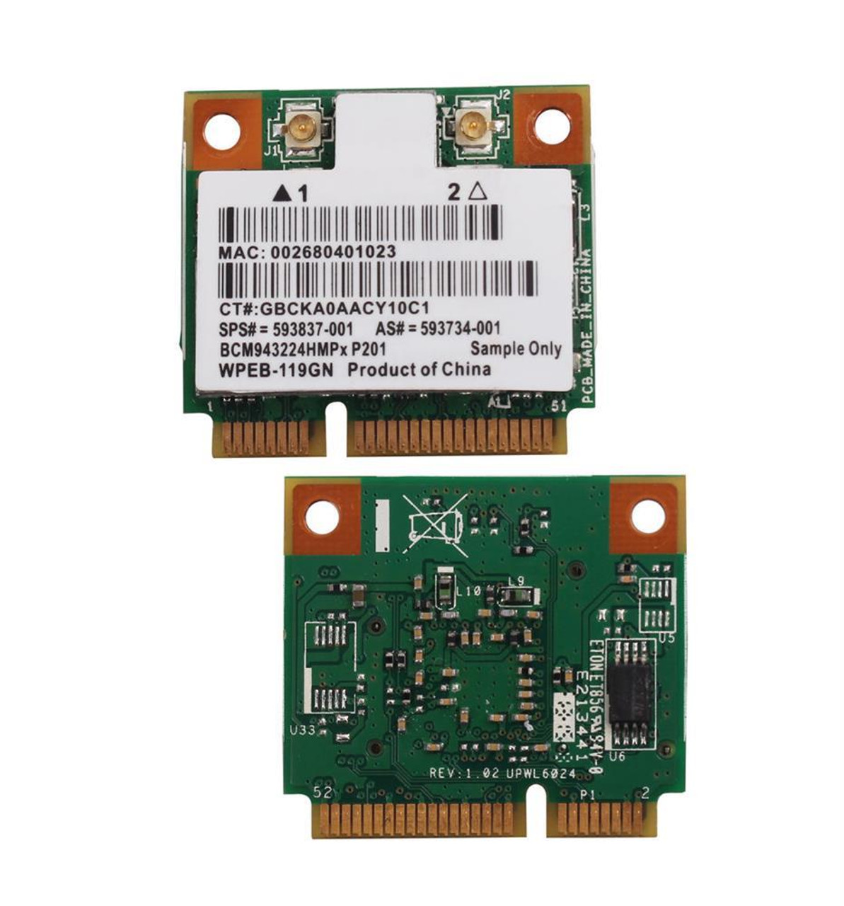 BCM943225HMP1A Broadcom Dual Band 300Mbps 2.4GHz / 5GHz IEEE 802.11a/b/g/n Bluetooth 4.0 Half Mini PCI Express Wireless Network Card