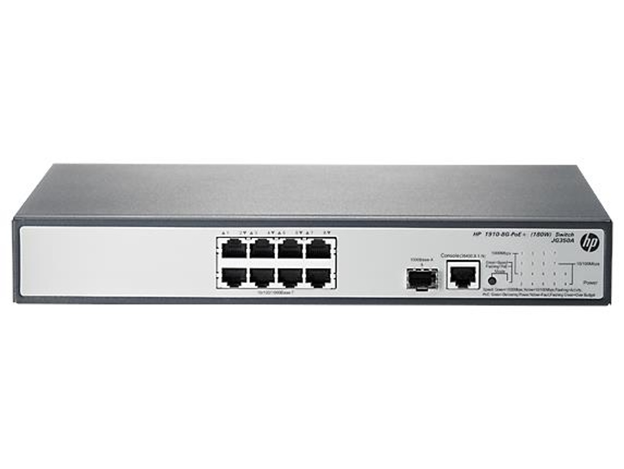 JG350A HP 1910-8G-PoE+ (180W) Switch 8-Ports Manageable 8 x POE+ 1 x Expansion Slots 10/100/1000Base-T PoE Ports Rack-mountable Desktop (Refurbished)