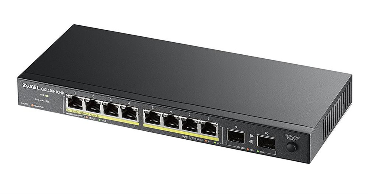 GS1100-10HP-EU0101F Zyxel 8-Ports 10/100/1000 Poe+ Ethernet Switch with 2x Gigabit SFP Ports (Refurbished)