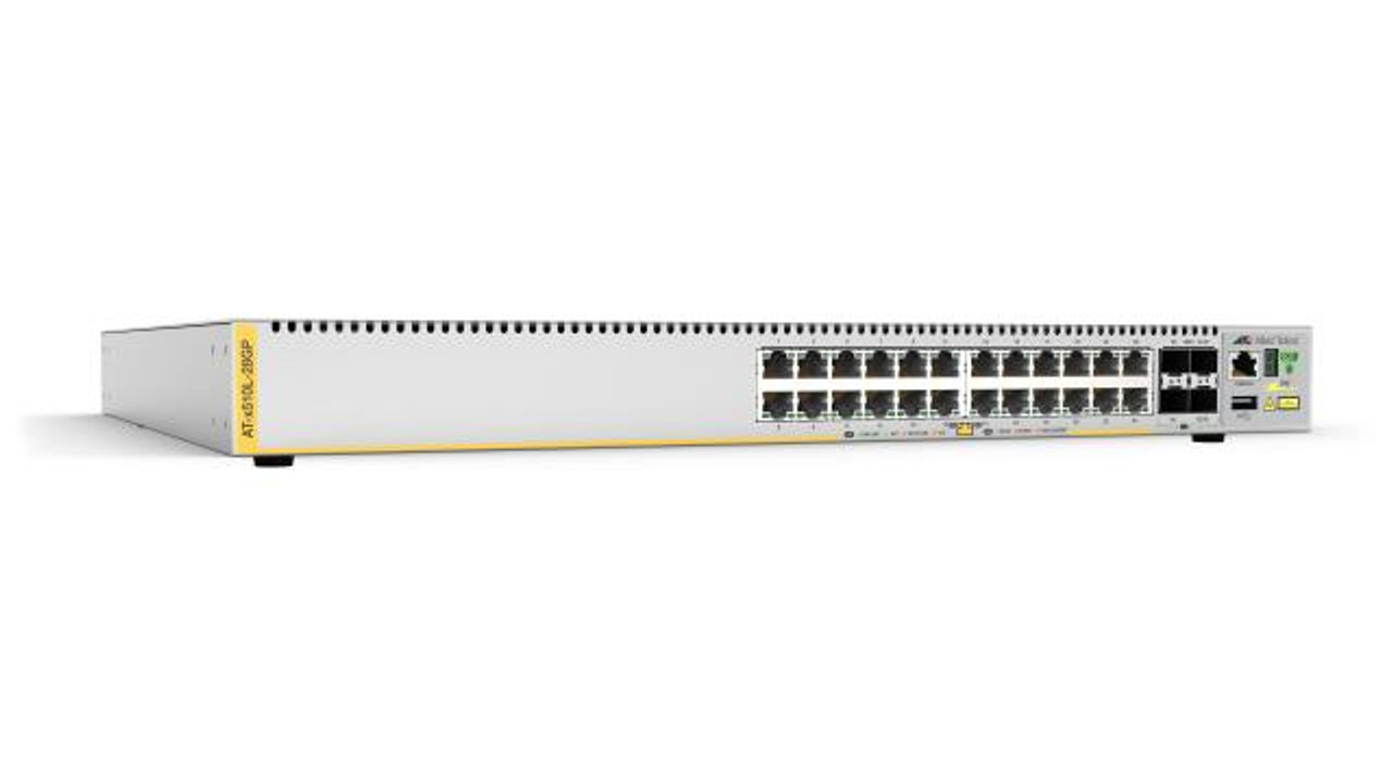 AT-X510L-28GP-10 Allied Telesis 24-Ports 10/100/1000Base-T PoE+ Layer 3 Switch with 4x SFP/SFP+ Slots Including 2x 10Gigabit Stacking Slots (Refurbished)