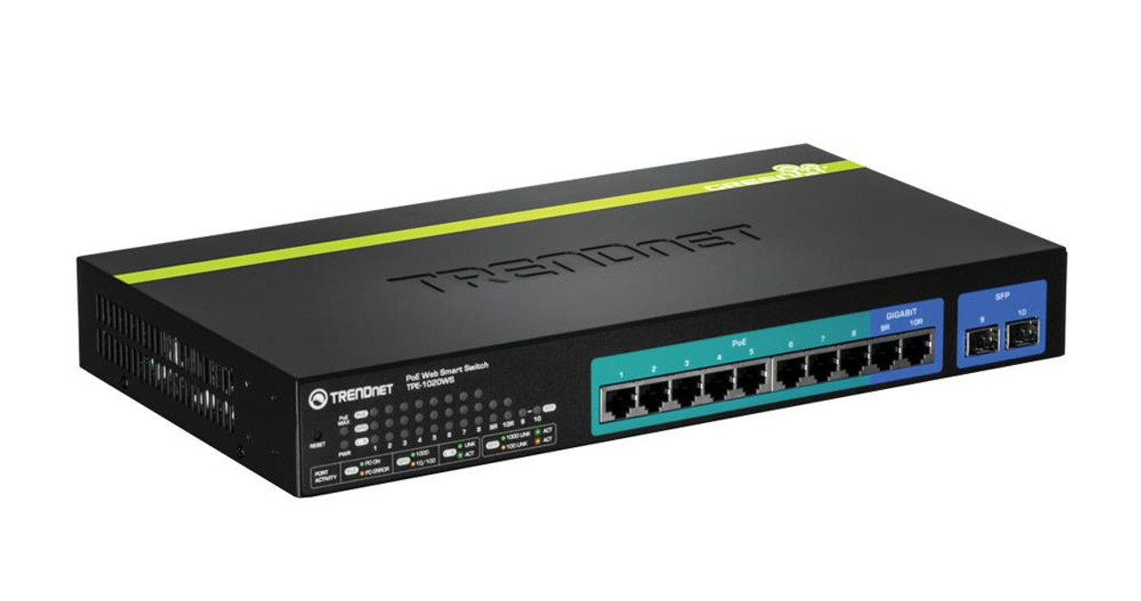 TPE-1020WS TRENDnet 10-Ports Gigabit Web Smart PoE+ Switch 10 Ports Manageable 8 x POE+ 2 x Expansion Slots 10/100/1000Base-T PoE Ports Rack-mountable