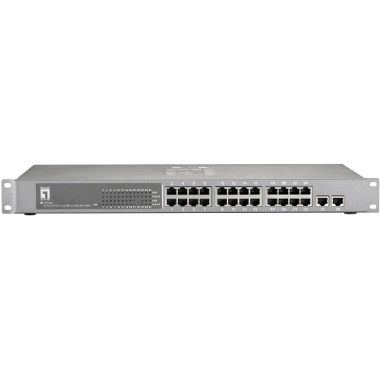 FGP-2412 LevelOne 24-Port 10/100 PoE w/2-Gigabit/SFP Combo Ports 19 Rack Mountable (486.4W) 24-Port 10/100 PoE, 2-Port Gigabit/SFP (Refurbished)