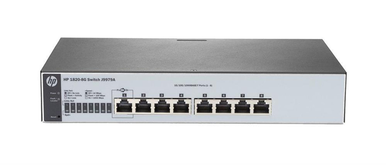 J9979A#ABA HP 1820-8G Switch 8-Ports RJ-45 Manageable 10/100/1000Base-T 2 Layer Supported 1U High Rack-mountable Desktop Under Table Wall Mountable (Refu