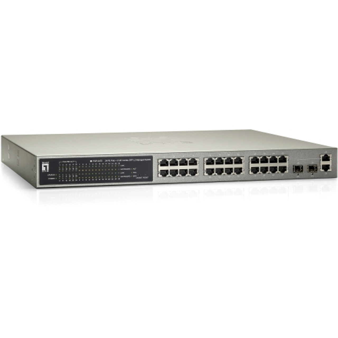 FGP-2472 LevelOne Managed 24-Port PoE 10/100 + 2 SFP-Port Gigabit 19 Rack Mountable Switch 24 x POE 2 x RJ-45 2 x SFP Slots 10/100/1000Base-T, 10/100Base-TX