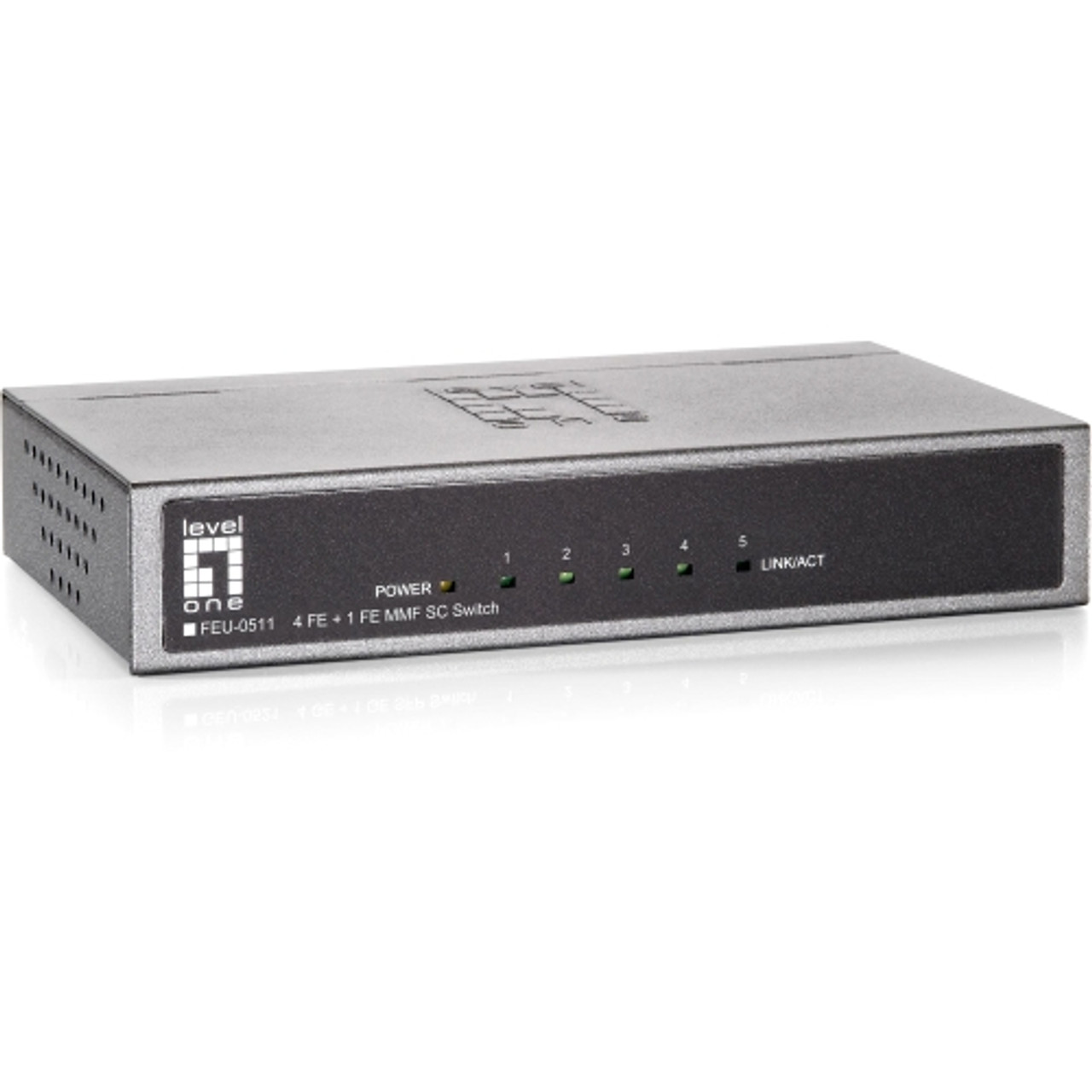 FEU-0511 LevelOne 4- Port 10/100 + 1-Port 100BaseFX MM/SC Desktop Switch 5 Ports 4x 10/100Base-TX, 1x 100Base-FX Fiber SC/MM (Refurbished)