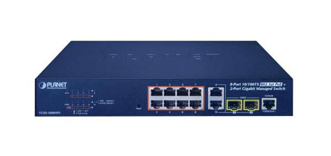 FGSD-1008HPS Planet 8-Port 10/100TX 802.3at PoE + 2-Port Gigabit TP/SFP combo Web Smart Switch - 10 Ports - Manageable - Gigabit Ethernet, Fast Ethernet -