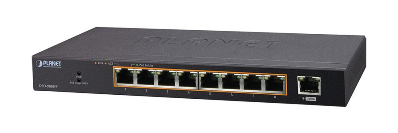 GSD-908HP Planet 8-Port 10/100/1000T 802.3at PoE + 1-Port Gigabit Desktop Switch - 9 Ports - Gigabit Ethernet - 10/100/1000Base-T - 2 Layer Supported -