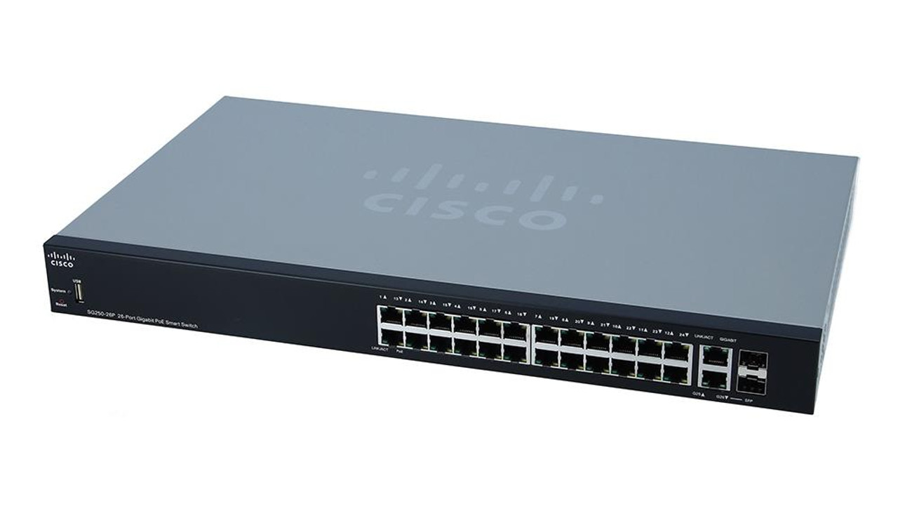 SG250-26P-K9 Cisco 250 Series 26-Ports SFP 10/100/1000Base-T PoE+ Manageable Layer 3 Rack-mountable Gigabit Ethernet Switch (NEW) (Refurbished)