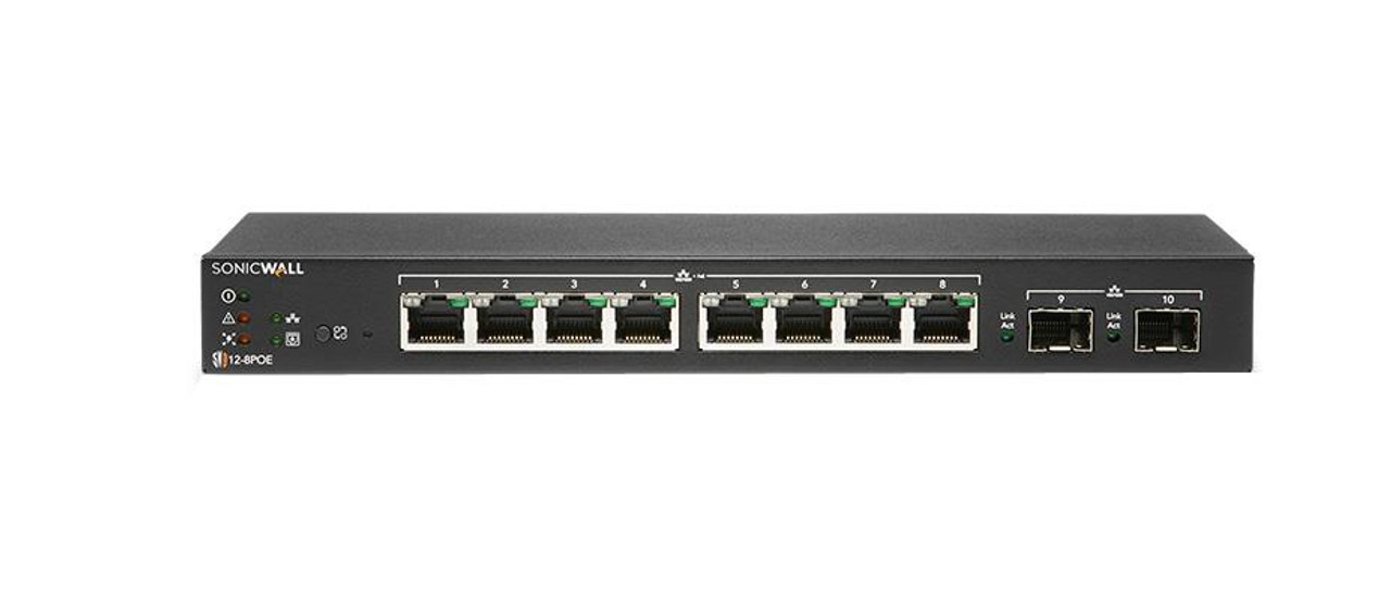 02-SSC-2463 SonicWall Switch SWS12-8POE - 10 Ports - Manageable - 2 Layer Supported - Modular - 2 SFP Slots - 73.30 W Power Consumption - 55 W PoE Budget -