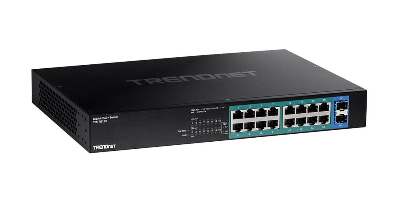 TPE-TG182 TRENDnet 18-Port Gigabit PoE+ Switch 16 x 30W PoE+ Ports 2  Gigabit SFP Slots 240W PoE Budget 36Gbps Switching Capacity 1U 19 Rack  Mountable