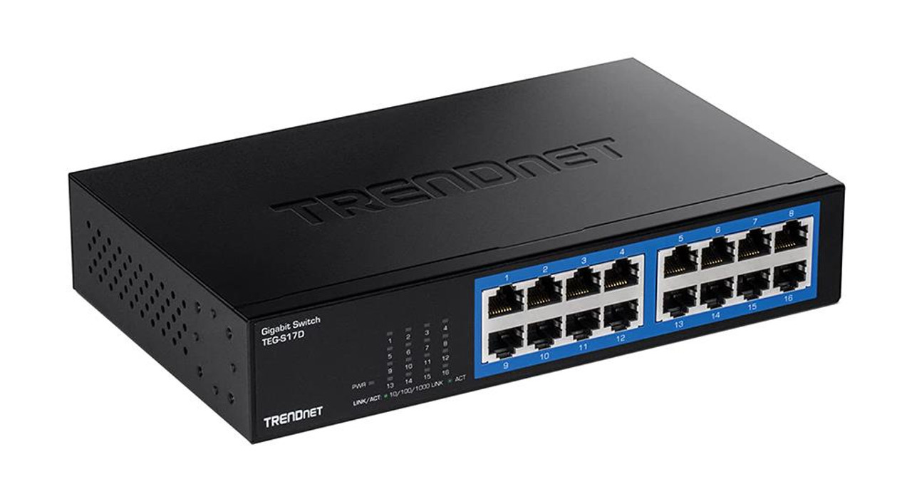 TEG-S17D TRENDnet 16-Port Gigabit Desktop Switch - 16 Ports - Gigabit Ethernet - 1000Base-T - 2 Layer Supported - Power Supply - 9.19 W Power Consumption -