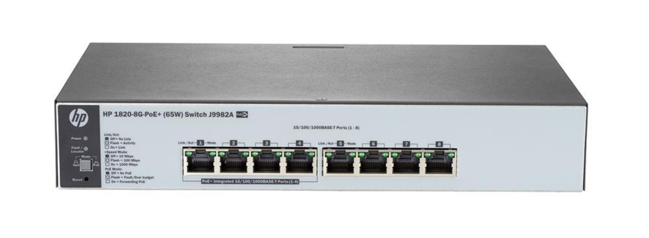 J9982AR HP 1820-8G-PoE+ (65W) Switch Refurbished 8 Network Manageable Twisted Pair 2 Layer Supported 1U High Rack-mountable Desktop Under Table Wal
