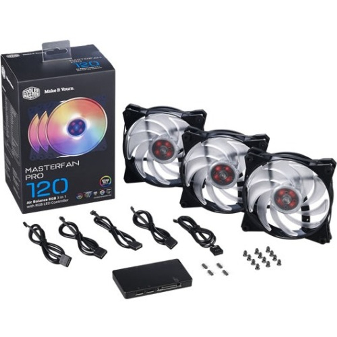 MFY-B2DC-133PC-R1 Cooler Master MasterFan Pro 120 Air Balance RGB 3 in 1 with RGB LED Controller 120 mm 1300 rpm42.7 CFM 20 dB(A) Noise 9-pin, 4-pin USB 2.0, SATA RGB