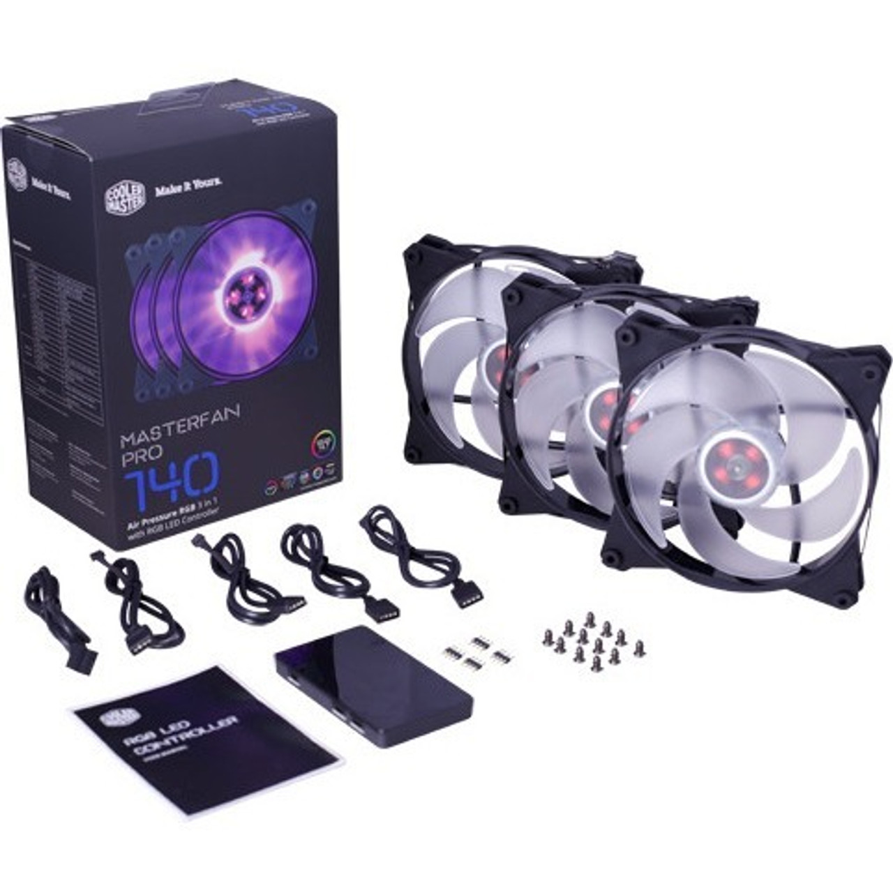 MFY-P4DC-153PC-R1 Cooler Master MasterFan Pro 140 Air Pressure RGB 3 in 1 with RGB LED Controller 1 x 140 mm 1550 rpm46.2 CFM 20 dB(A) Noise 4-pin RGB LED Rubber 55.9