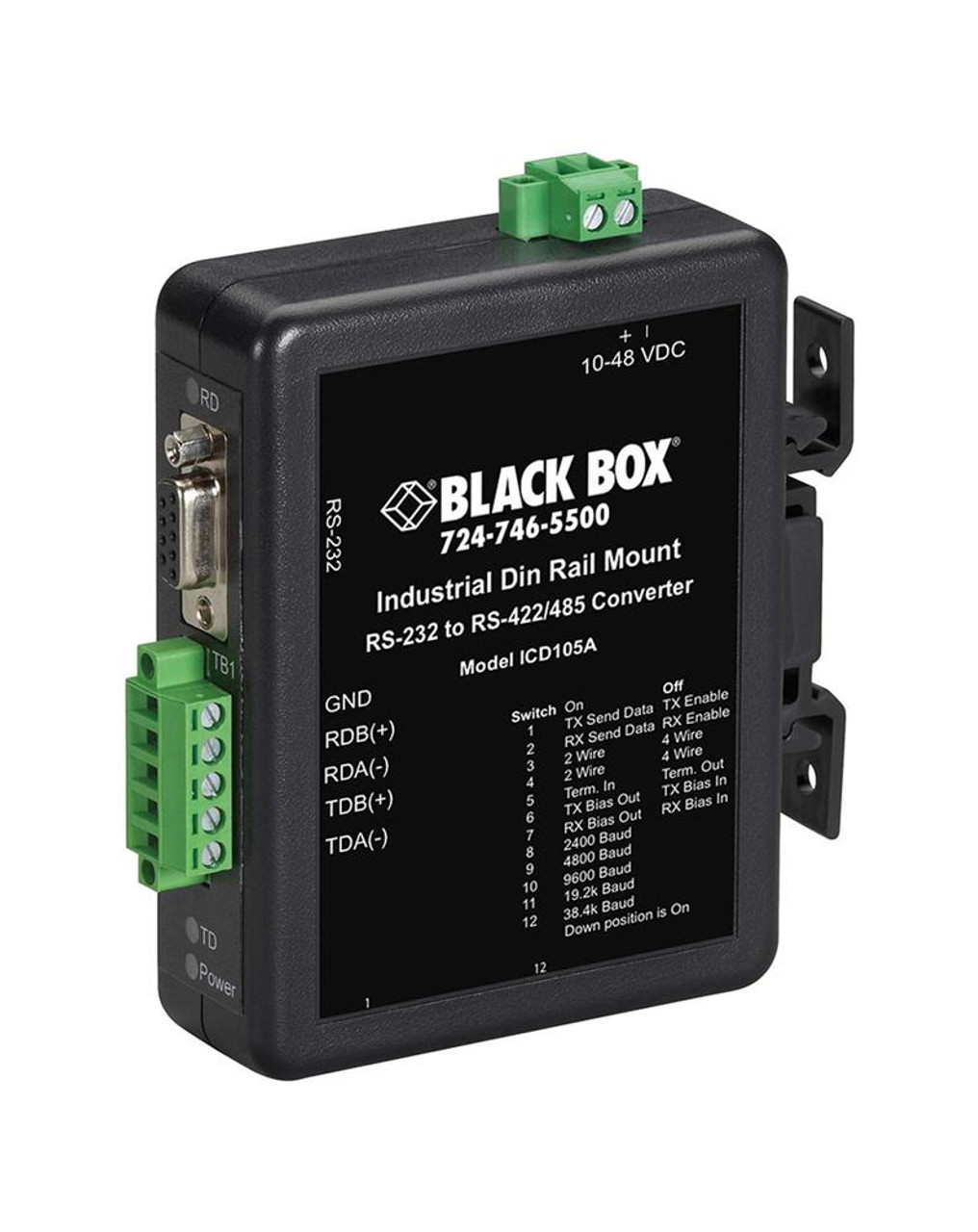 ICD105A Black Box NIB-Industrial RS-232 to RS-422/RS-485 DIN Rail Converter