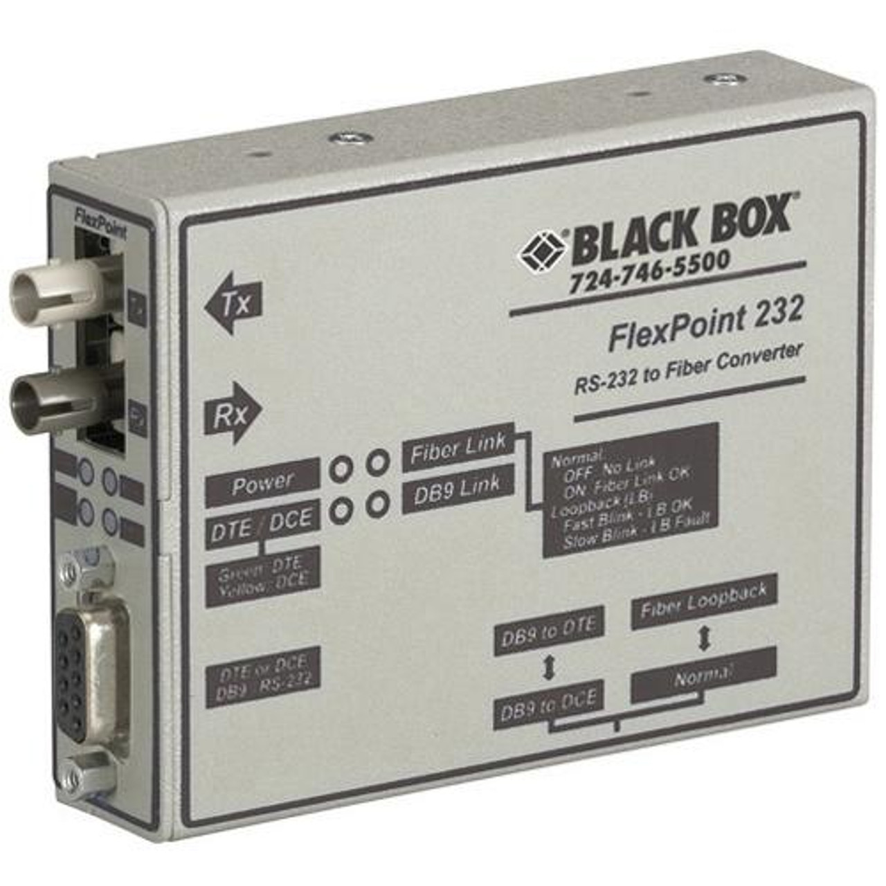 ME660A-MST Black Box FlexPoint RS-232 to Fiber Converter 1 x DB-9 RS-232 1 x ST Duplex External Rack-mountable 2.5 km