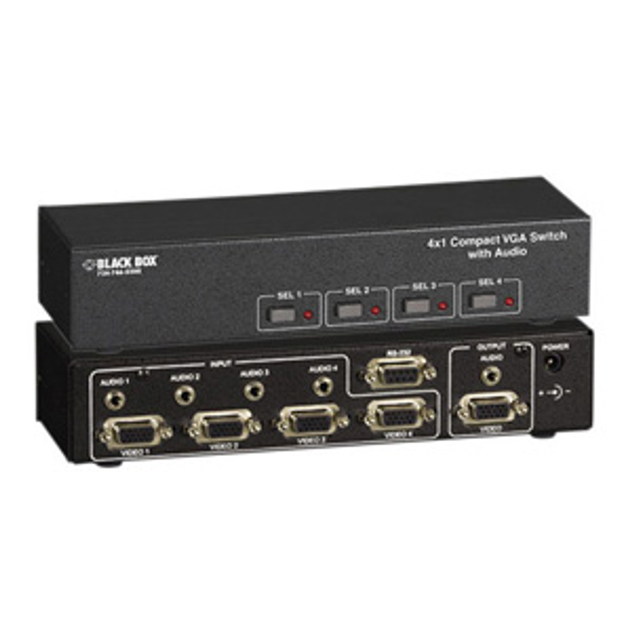 AC506A-4A Black Box 4x1 Compact Video Switch with Audio 4 x HD-15 Video In, 1 x HD-15 Video Out, 1 x DB-9 Serial, 4 x Mini-phone Audio Line In, 1 x Mini-phone