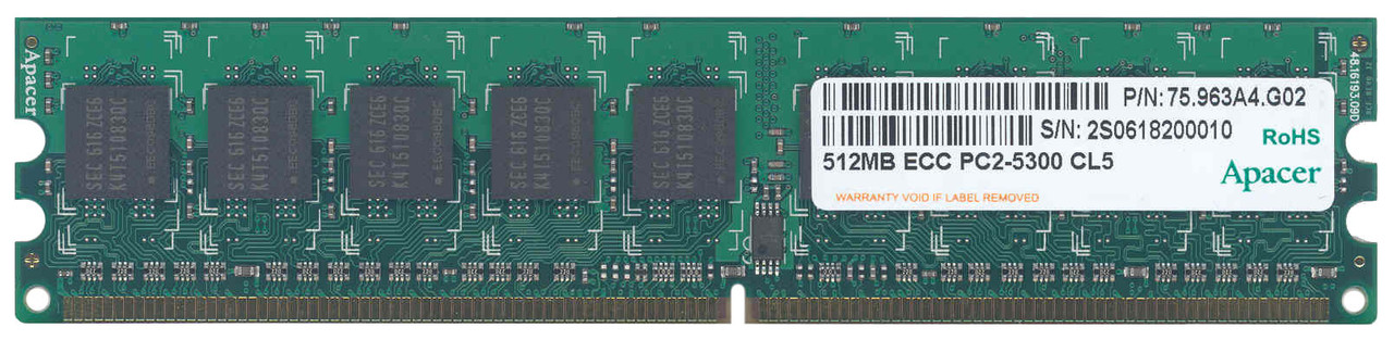 75.963A4.G02 Apacer 512MB PC2-5300 DDR2-667MHz ECC Unbuffered CL5 240-Pin DIMM Single Rank Memory Module